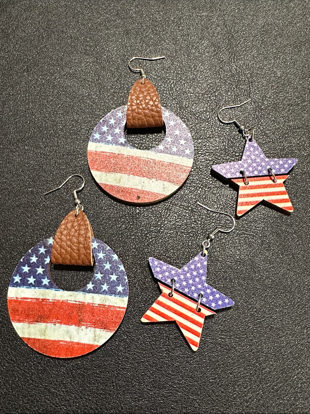 Two Sets Wood American Flag Theme Dangle Drop Earrings
